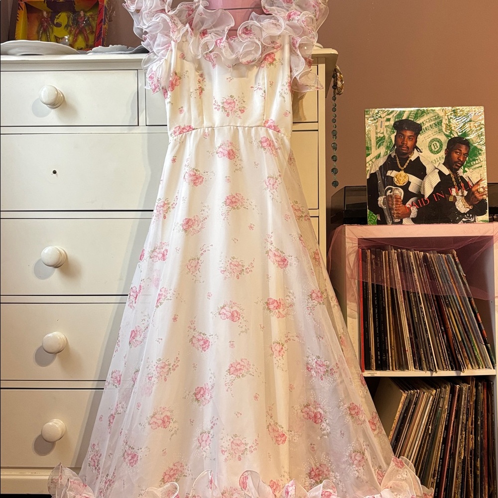 Vintage 80’ Floral Chiffon Maxi Dress Pink Floral Selkie Union Made USA XS S 70’